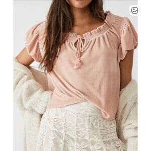 Free people Terese Velvet Top Pink Tint  Women's Size L Peach Split Neck Tassel